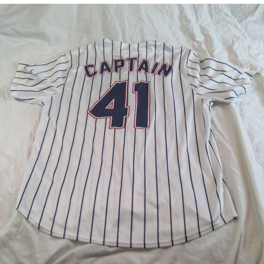 Mad Engine/Marvel Captain America Baseball Jersey Large White Pinstriped #41